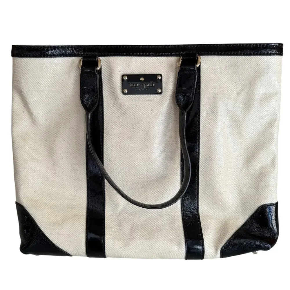 Kate Spade Clinton Hill Dama Tote Bag Cream Tweed Black Patent Leather